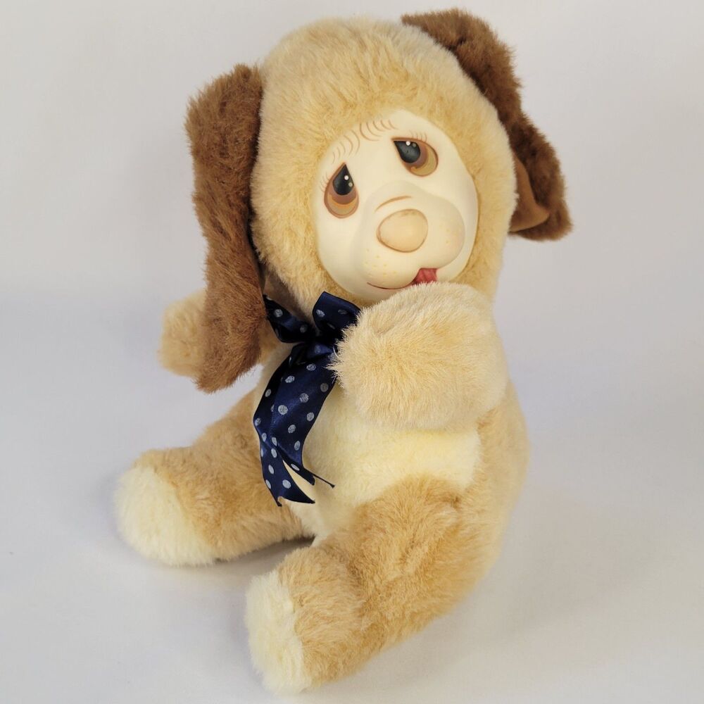 Vtg Dan-Dee Rubber Face Brown Tan Puppy Dog Plush Blue White Polka Dot Bow 10"